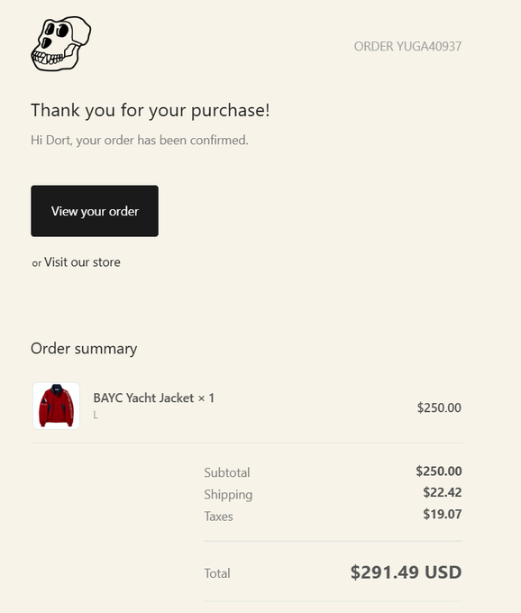 An order confirmation receipt for ORDER YUGA40937 thanking 'Dori' for purchasing 1 BAYC Yacht Jacket in size L for $250.00, with a total of $291.49 USD including shipping and taxes.