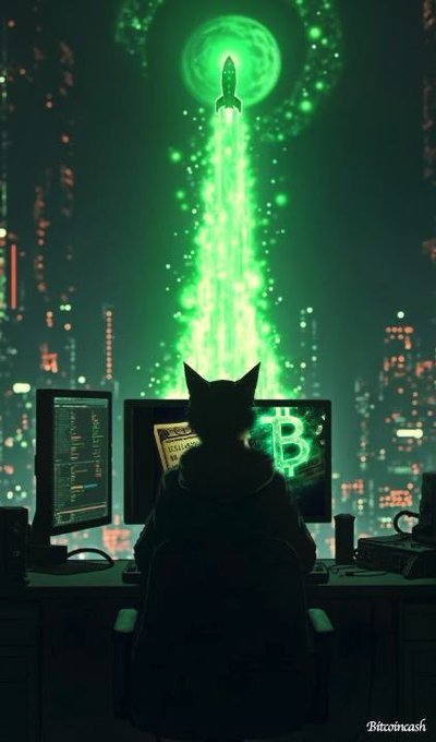 A digital illustration titled 'Bitcoincash' shows a hooded figure with cat ears at a computer displaying the Bitcoin logo, with a rocket launching from a glowing green portal above a cyberpunk cityscape.