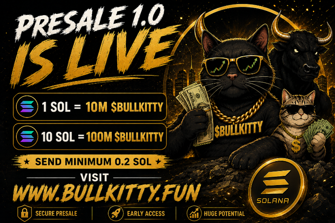Promotional graphic announcing the $BULLKITTY Presale 1.0 on Solana, showing stylized black cats in sunglasses and gold chains with exchange rates (1 SOL = 10M $BULLKITTY, 10 SOL = 100M $BULLKITTY) and directing viewers to bullkitty.fun for early access.

The image directly supports the post by visually reinforcing the presale details—token name ($BULLKITTY), exchange rates, 0.2 SOL minimum, and the website link—while the surrounding text provides the wallet address and additional incentive (retweet reward giveaway).