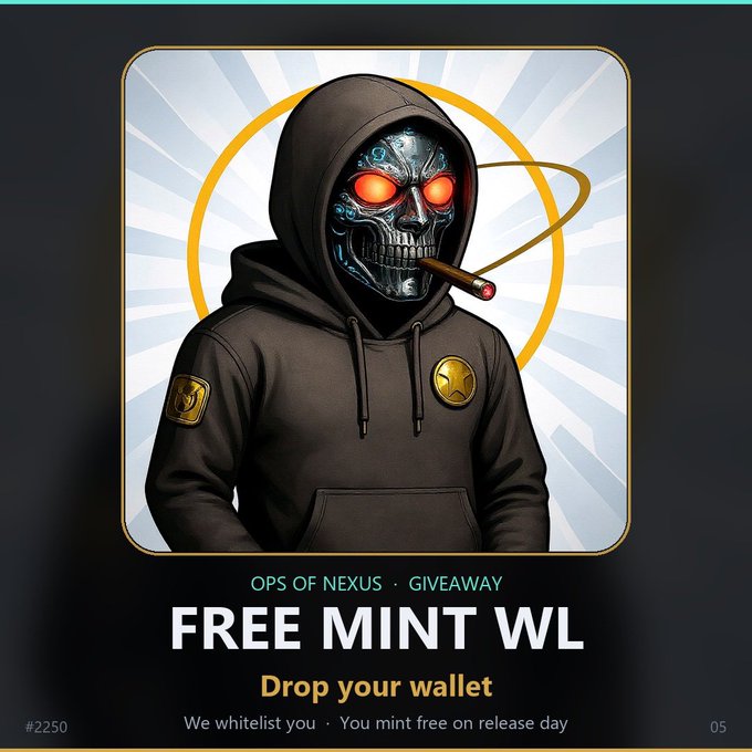 A promotional graphic for an "Ops of Nexus" giveaway featuring a hooded robotic figure with glowing red eyes smoking a cigar, advertising a "FREE MINT WL" (whitelist) with instructions to "Drop your wallet" and noting "#2250" and "05" on the sides. The image aligns with the partnership announcement, offering 4 whitelist spots for the 555 NFT Operator Wave collection minting on Solana, requiring users to follow, like, RT, and share their Solana address in the comments section.