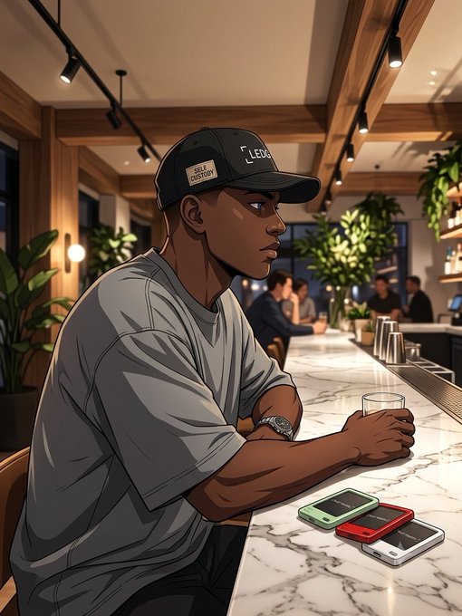 The image shows a stylized illustration of a man in a black cap and gray t-shirt sitting alone at a marble bar counter, holding a glass, with several smartphones lying face-down beside him in a warm, modern lounge setting. The cap reads "SELF CUSTODY" and "LEDGER," reinforcing the post's message about self-custody and crypto security.

The illustration visually echoes the caption's emphasis on self-custody and offline security, depicting a contemplative figure who appears to be "unplugged" from devices—mirroring the idea of keeping crypto keys safe and disconnected from online exposure, much like Ledger's hardware wallets enable.
