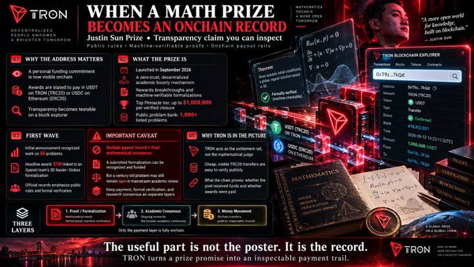 TRON promotional infographic titled 'WHEN A MATH PRIZE BECOMES AN ONCHAIN RECORD' featuring Justin Sun Prize details, blockchain explorer screenshots, and sections explaining the public record and payment transparency.