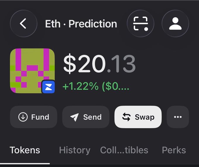 A cryptocurrency app screen showing an 'Eth · Prediction' token priced at $20.13 with a +1.22% gain, featuring Fund, Send, and Swap buttons.