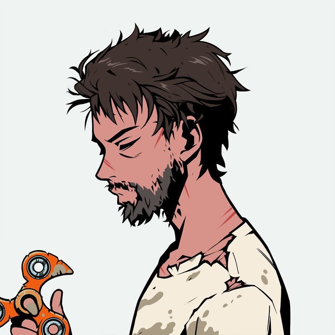 An illustrated side-profile of a bearded man looking down at an orange fidget spinner in his hand.