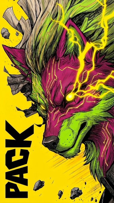 A fierce, snarling wolf-like creature with vibrant green fur and a magenta face snarls amid crackling yellow lightning and flying rocks, set against a bright yellow background with the bold black "PACK" text on the left—visually echoing the raw, charged intensity of the post's "when the pack locks in" rallying cry.