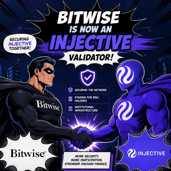 Comic-style graphic announcing 'BITWISE IS NOW AN INJECTIVE VALIDATOR!' showing superhero figures representing Bitwise and Injective shaking hands, with text 'SECURING INJECTIVE TOGETHER!' and 'MORE SECURITY. MORE PARTICIPATION. STRONGER ONCHAIN FINANCE.'