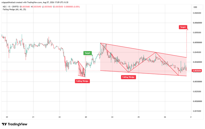 A TradingView chart for HEXUSD showing 'Falling Wedge' patterns with an upward target, timestamped Aug 07, 2026.