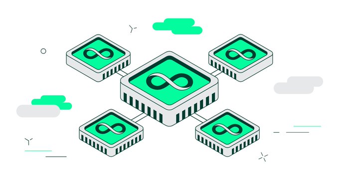An isometric digital illustration showing interconnected green computer chips or servers, each displaying an infinity symbol, floating among stylized clouds.