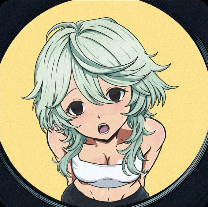 An anime-style portrait depicts a girl with messy mint-green hair and large eyes wearing a white tube top, framed within a circular view.