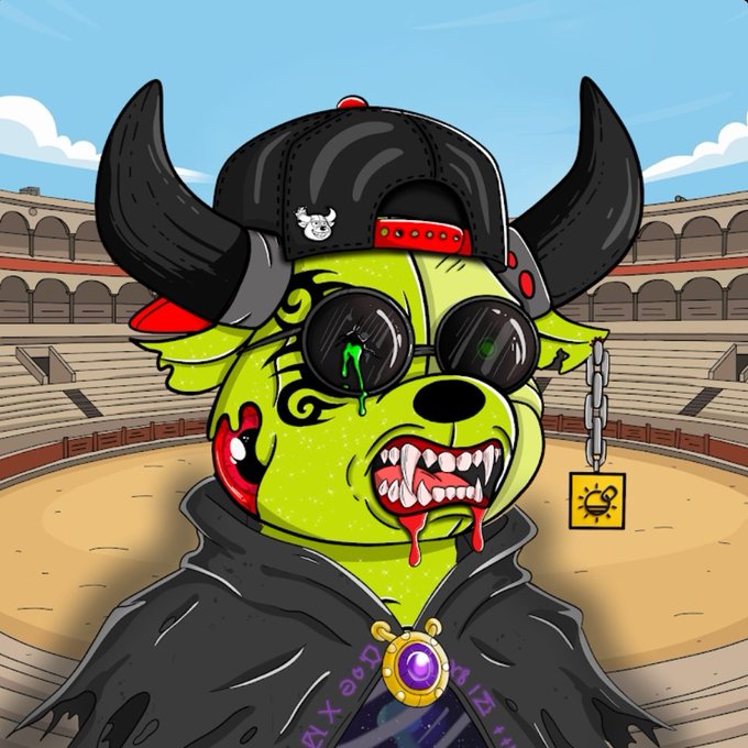 A cartoon green dog character with horns, sunglasses, and a black cap stands in a colosseum arena, wearing a black robe with a purple gem pendant.