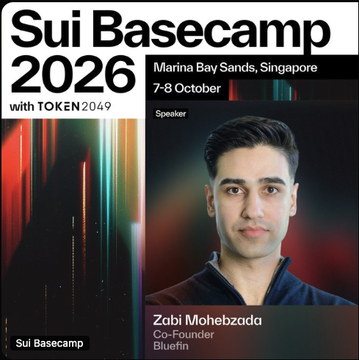 A promotional graphic for 'Sui Basecamp 2026' featuring speaker Zabi Mohebzada, Co-Founder of Bluefin, at Marina Bay Sands, Singapore.