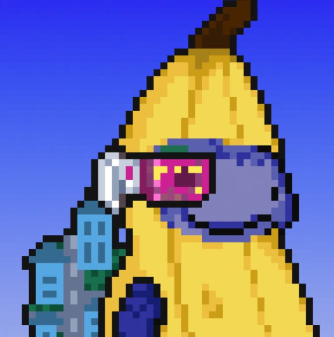 A pixel art image of a character wearing a pointed yellow hat with a brown tip, featuring purple skin, pink lips, and a blue building-like structure in the background.