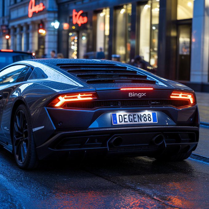 The rear view of a black Lamborghini Huracán with 'BlingX' branding and license plate 'DEGEN'88' parked on a wet city street at night.