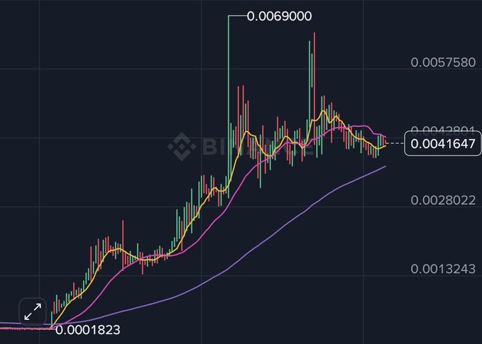 A candlestick price chart from Binance showing significant upward movement from 0.0001823 to a high of 0.0069000, with the current price at 0.0041647, featuring multiple moving average lines in yellow, pink, and purple against a dark background.