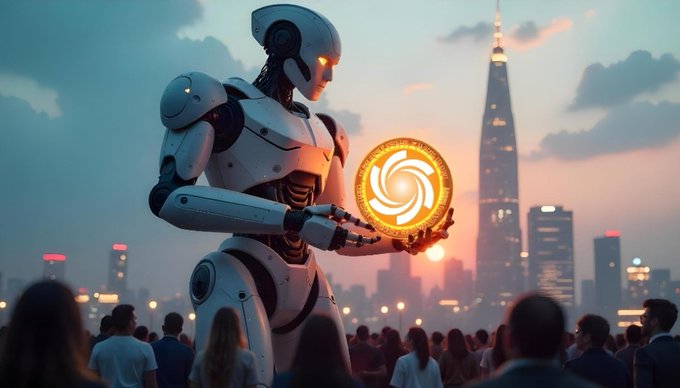 A futuristic robot holding a glowing orange spiral emblem, standing before a crowd with a city skyline featuring a tall tower in the background at sunset.