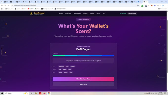 A browser displays the Scent Protocol website with the heading “What’s Your Wallet’s Scent?” and a wallet-adjective result, “Defi Degen,” above “Mint This Scent (Free).”