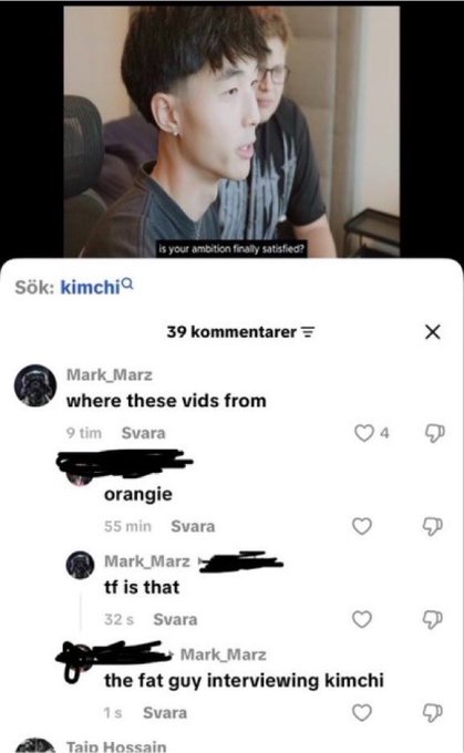 Screenshot of a TikTok video comment section where user Mark_Marz asks where the clips are from and refers to the larger person in the video as 'the fat guy interviewing kimchi'.
