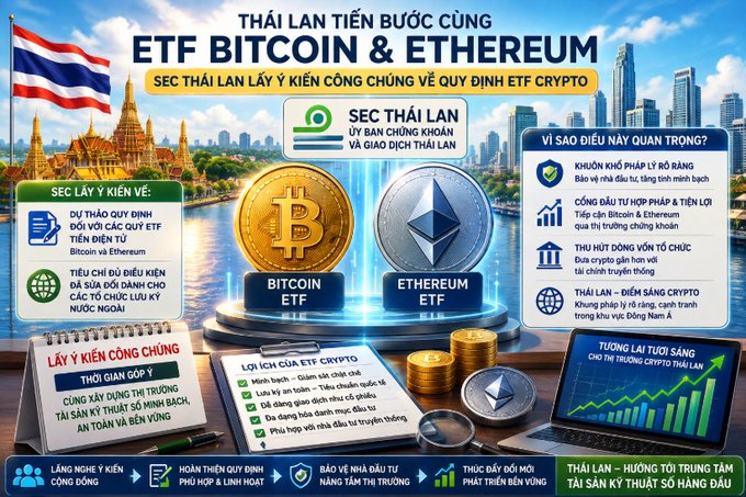 An infographic in Vietnamese about Thailand taking steps toward Bitcoin and Ethereum ETFs, with the SEC Thailand seeking public consultation, featuring flags, coins, and a calendar graphic.
