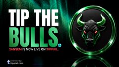 A promotional banner reading 'TIP THE BULLS' announcing that SANSEM is now live on TIPPING, featuring a glowing red-eyed green bull logo and a TopGold partnership note.