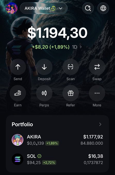 Cryptocurrency wallet app screenshot showing an 'AKIRA Wallet' portfolio balance of $1,194.30, up $8.20 (+1.89%) in 1D, featuring AKIRA and SOL holdings with navigation buttons for Send, Deposit, Scan, Swap, Earn, Perps, Refer, and More.