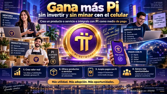 A Spanish-language promotional infographic titled 'Gana más Pi' advertising Pi Network, featuring people, a gold Pi coin, and text explaining how to earn Pi and accept it as payment on a mobile phone.