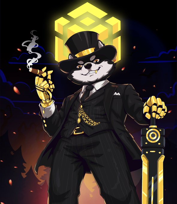 Anime-style illustration of an anthropomorphic raccoon in a pinstripe suit and top hat, smoking a cigar and holding a cane, with a glowing Binance logo behind him.