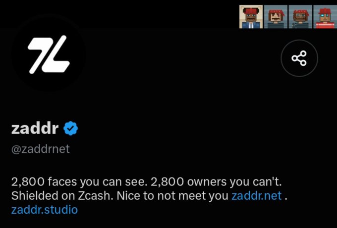 A screenshot of an X/Twitter post from verified user 'zaddr' (@zaddrnet) reading '2,800 faces you can see. 2,800 owners you can't. Shielded on Zcash. Nice to not meet you zaddr.net . zaddr.studio', with pixel art profile pictures visible at the top.