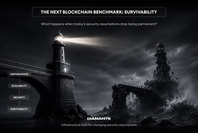 A dramatic black-and-white image contrasts a sturdy, illuminated lighthouse with a crumbling, collapsing one beneath the header "THE NEXT BLOCKCHAIN BENCHMARK: SURVIVABILITY," featuring a sidebar hierarchy of Performance, Scalability, Security, and Survivability, and branding for "DIAMANTE — Infrastructure built for changing security assumptions." The imagery visually reinforces the message by depicting the difference between an enduring structure and one that fails over time, symbolizing why blockchains must be evaluated not just for present-day security but for their ability to withstand future threats and evolving security assumptions.