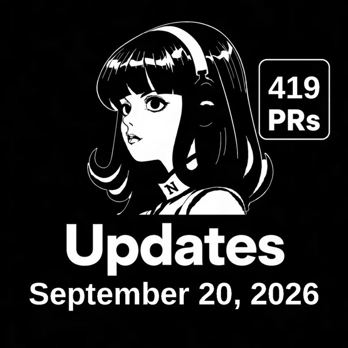 A black and white anime-style graphic announcing "419 PRs Updates September 20, 2026" featuring a dark-haired girl with a winking expression.