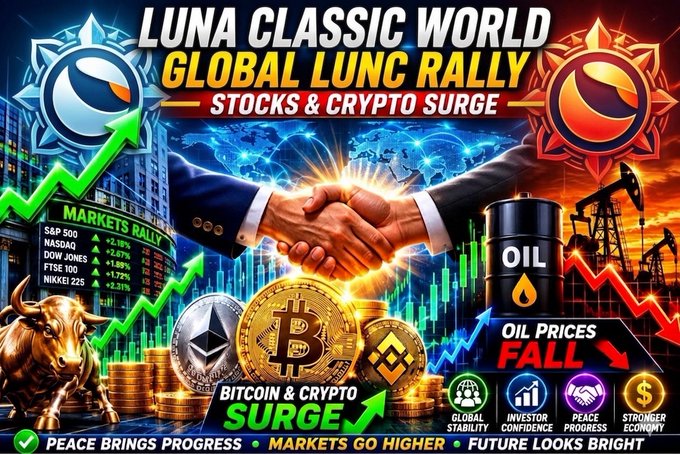 The image features a poster for a global rally for LUNC, which stands for "Lunar Capital". The poster includes an illustration of two men shaking hands over a globe with a Bitcoin symbol above them. The background of the poster is filled with various stock and crypto symbols, indicating that this rally is focused on the cryptocurrency market as well. The text in the image emphasizes the potential growth of LUNC's stocks and crypto, suggesting that they are expected to rise in value. Overall, the poster conveys a sense of excitement and opportunity for those interested in investing in the cryptocurrency market or following its progress.