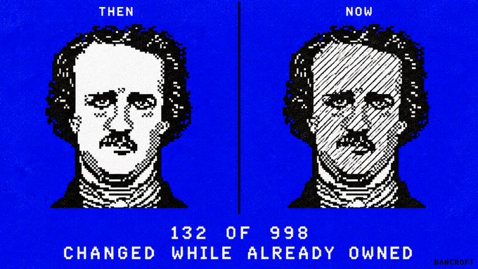A side-by-side pixel art comparison labeled "THEN" and "NOW" shows two portraits of a man with a mustache against a blue background, illustrating how NFT artwork can be altered. The text "132 OF 998 CHANGED WHILE ALREADY OWNED" highlights Bancroft's finding that a significant portion of NFTs on Robinhood Chain had their content modified after minting, reinforcing the post's warning about NFT permanence issues.