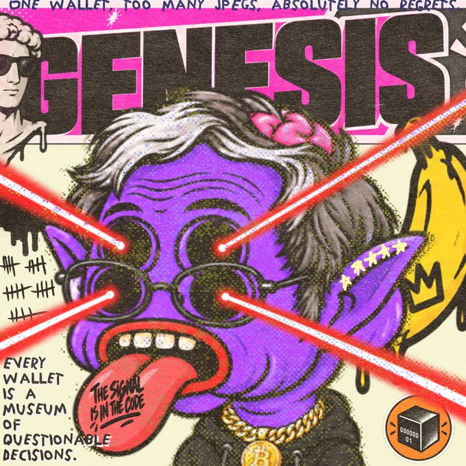 A vibrant pop-art style illustration of a purple-skinned elderly figure with laser beam eyes, featuring the text 'PFPs', 'ONE WALLET, TOO MANY JPEGS, ABSOLUTELY NO REGRETS', 'THE SIGNAL IS IN THE CODE', and 'EVERY WALLET IS A MUSEUM OF QUESTIONABLE DECISIONS', along with a Bitcoin symbol.