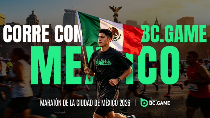 A promotional image for the Mexico City Marathon 2026 sponsored by BC.GAME, featuring a runner carrying a Mexican flag, with text reading "Corre con México" and "Maratón de la Ciudad de México 2026 | BC.GAME." The post encourages engagement ("RT & like for a surprise") likely tied to a giveaway or contest related to the marathon sponsorship.