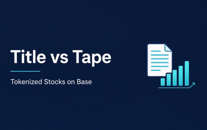 A dark blue title card reading 'Title vs Tape' with subtitle 'Tokenized Stocks on Base', accompanied by an illustration of a document and a bar chart with an upward arrow.