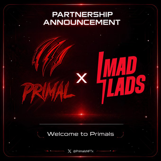 A red-themed partnership announcement graphic between 'Primal' and 'Mad Lads,' with text reading 'Welcome to Primals' and the handle @PrimalsNFTx.