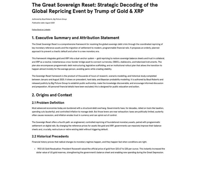 A document titled "The Great Sovereign Reset: Strategic Decoding of the Global Repricing Event by Trump of Gold & XRP," authored by Boyd Roberts, Big Picture Group, dated August 2025.