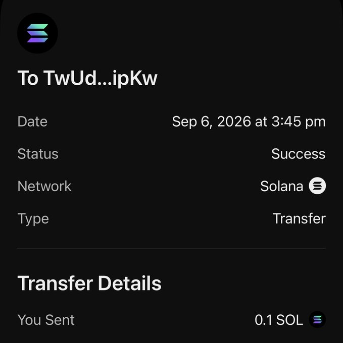 A transaction confirmation screen showing a successful 0.1 SOL transfer on the Solana network to address TwUd...ipKw on September 6, 2026, corresponding to the $SOL tip from @dpXmaki mentioned in the post.