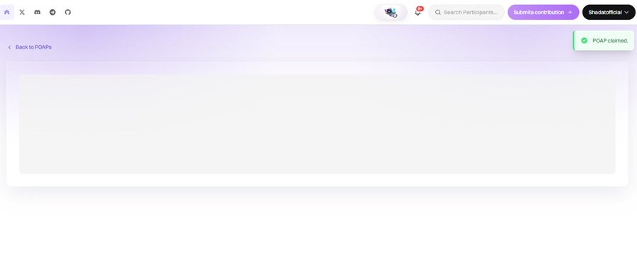A confirmation screen showing "POAP claimed" with a "Back to POAPs" link and a search bar labeled "Search Participants...", with the user "Shadatoffical" logged in alongside a "Submit a contribution" button, indicating successful POAP claim via the GenLayer community portal using code "agent".