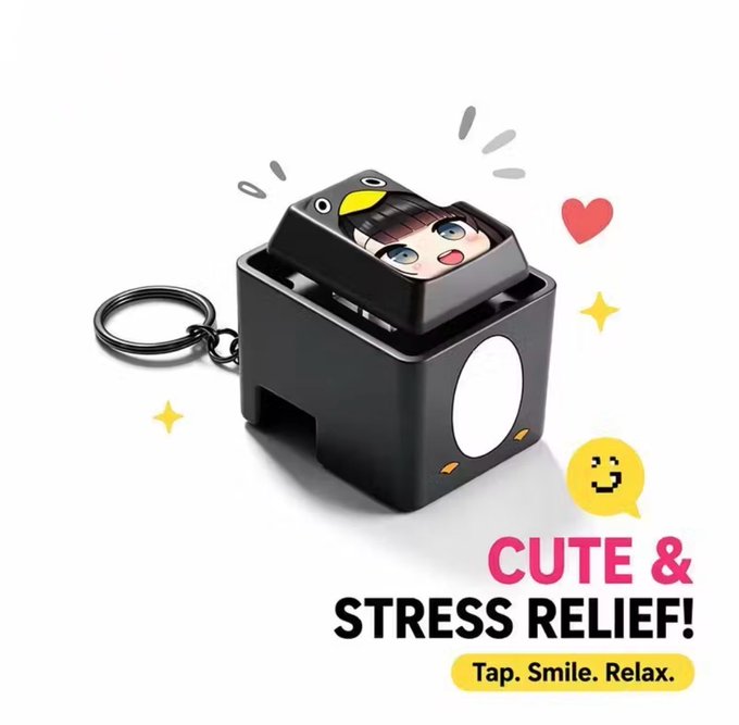 Product packaging or an advertisement shows a small black pop-up cube keychain toy with a cartoon character's face peeking out, with text reading "CUTE & STRESS RELIEF! Tap. Smile. Relax."