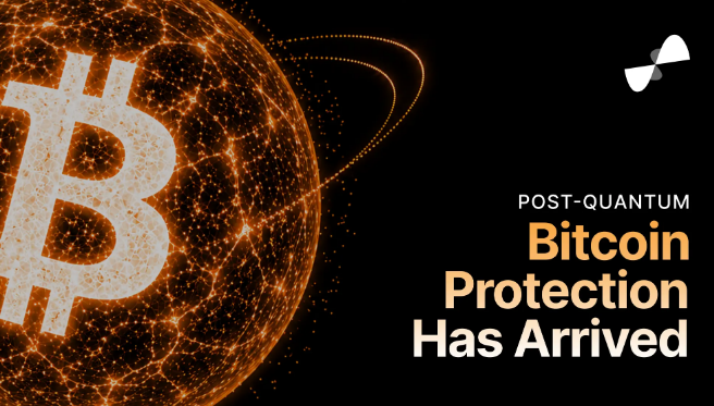 A promotional graphic with an orange, glowing Bitcoin logo on a globe, featuring the text 'POST-QUANTUM Bitcoin Protection Has Arrived' on a black background.