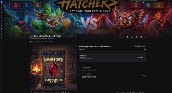 A screenshot of a website promoting "HATCHER PET EVOLUTION BATTLE GAME" featuring two armored cat characters, with "RUGNADO" branding and an NFT minting page for "RugHatcher Blacksmith Packs."