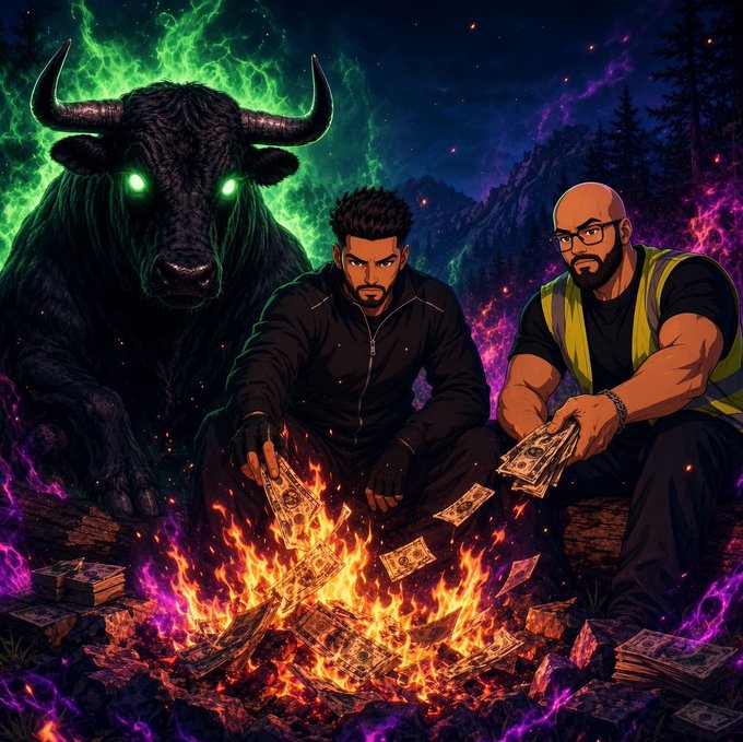 An AI-generated illustration of two muscular men burning money in a fire, accompanied by a menacing black bull with glowing green eyes against a purple mystical background.