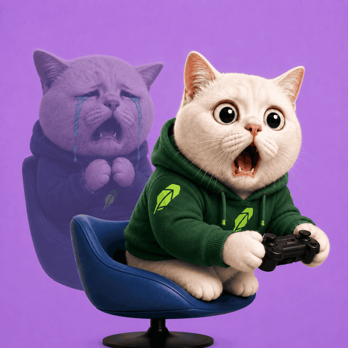 A 3D illustration of a surprised-looking white cat in a green hoodie holding a game controller, sitting next to a crying purple cat against a purple background.