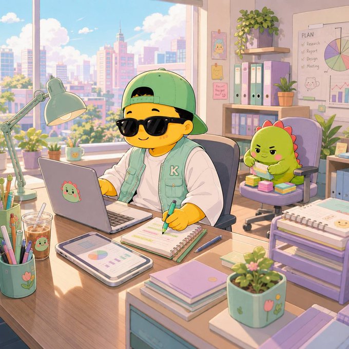 A digital illustration of a yellow cartoon character wearing sunglasses, a green cap, and a green vest, working on a laptop at a desk, accompanied by a small green dinosaur figure stacking books in a sunny office.