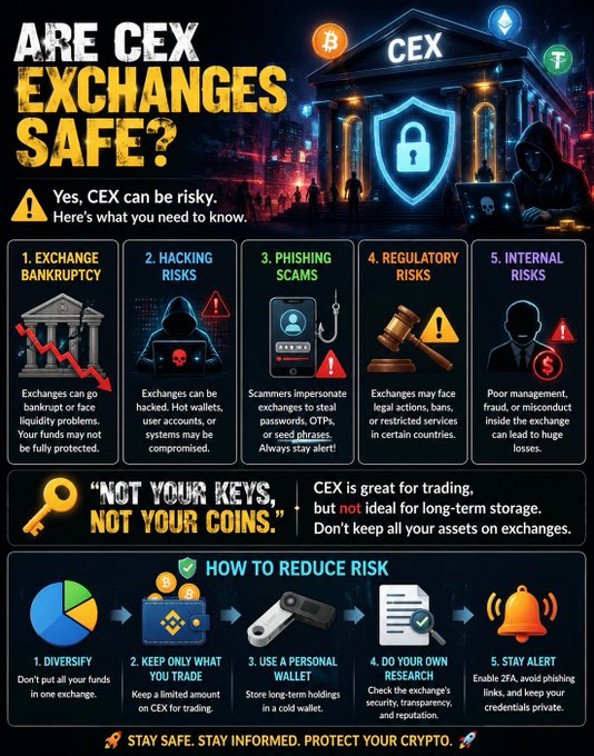 An infographic titled 'ARE CEX EXCHANGES SAFE?' outlines five risks—bankruptcy, hacking, phishing, regulatory, and internal—along with tips to reduce risk like diversifying, using hardware wallets, and staying alert.
