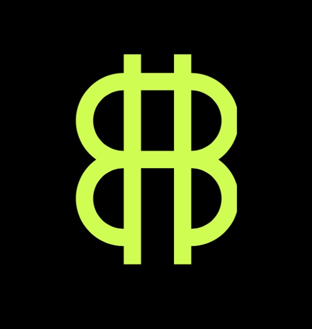 A lime green stylized monogram resembling two overlapping letter "B"s on a black background is shown as the proposed new logo design for the $TIBBIR brand. The bold, geometric emblem creates a symmetrical "BB" appearance that ties into the brand's name and ticker symbol.