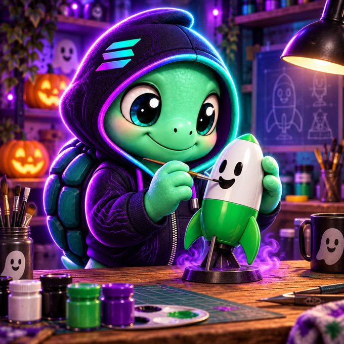 A digital illustration shows a cute green turtle character in a purple hooded jacket painting a smiling white ghost figurine in a workshop decorated with Halloween pumpkins and glowing purple lights.