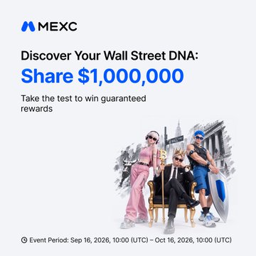 The image is a promotional advertisement from MEXC featuring the headline "Discover Your Wall Street DNA: Share $1,000,000" with a call to "Take the test to win guaranteed rewards." It shows three stylized individuals dressed in Wall Street-inspired attire—including a businessman, a pink-suited figure, and a casual crypto enthusiast holding a bitcoin—posing together against a city backdrop. The event period is listed as Sep 16, 2026, 10:00 UTC to Oct 16, 2026, 10:00 UTC, tying directly into the accompanying post's call to find your trading type and earn rewards via mexc.com.