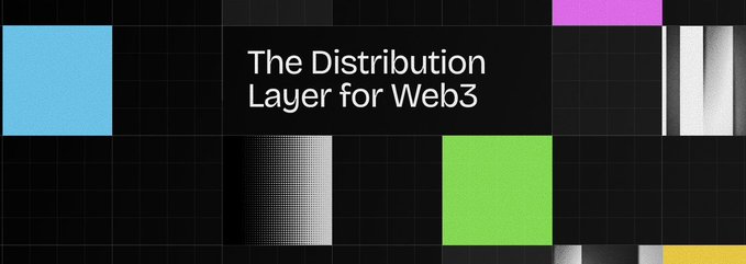 A graphic with colored squares (blue, pink, green, white, yellow) on a grid background with the text 'The Distribution Layer for Web3'.