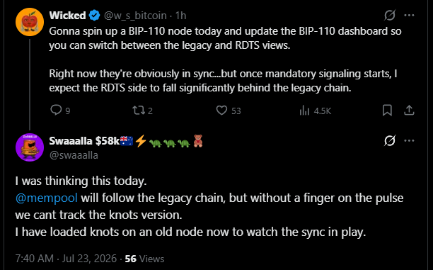 A Twitter/X screenshot showing posts from Wicked (@w_s_bitcoin) discussing a BIP-110 node and dashboard for legacy vs RDTS views, and Swaaalla (@swaaalla) noting mempool will follow the legacy chain while watching the knots version sync.